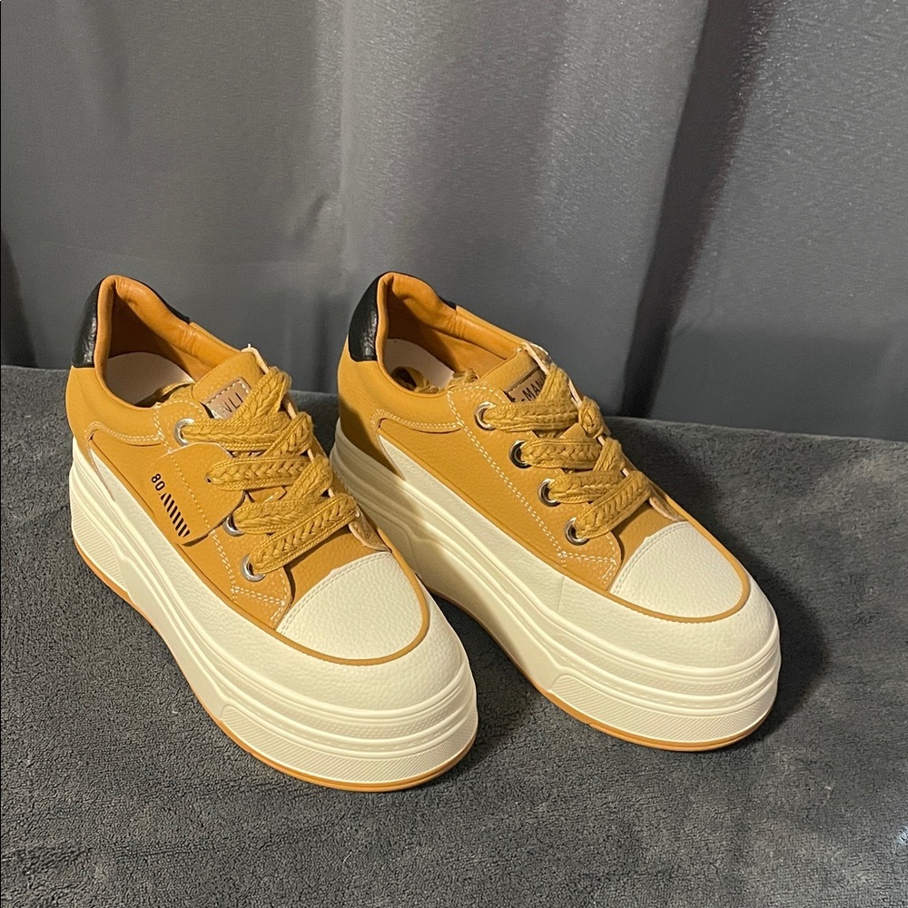 Women’s Mustard Yellow Platform Sneakers with Cream Sole - Picture 1 of 7